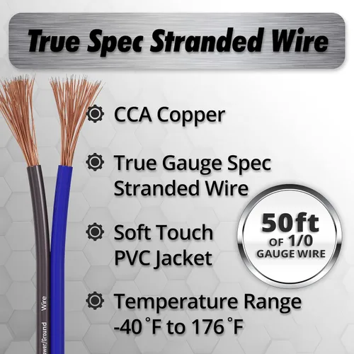 Miniatura 2 de InstallGear Cable de tierra de cobre calibre 1/0 (50 pies) de aluminio recubierto de cobre CAA - Cable automotriz primario, potencia