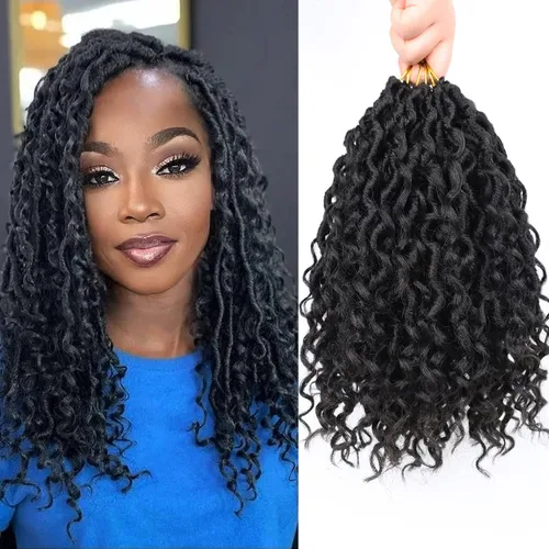 Miniatura 57 de Cabello de Crochet de 8 Pulgadas para Mujeres Negras, 7 Paquetes de Cabello de Crochet Goddess Locs con Puntas Rizadas, Locs Falsos Cortos con Bucle