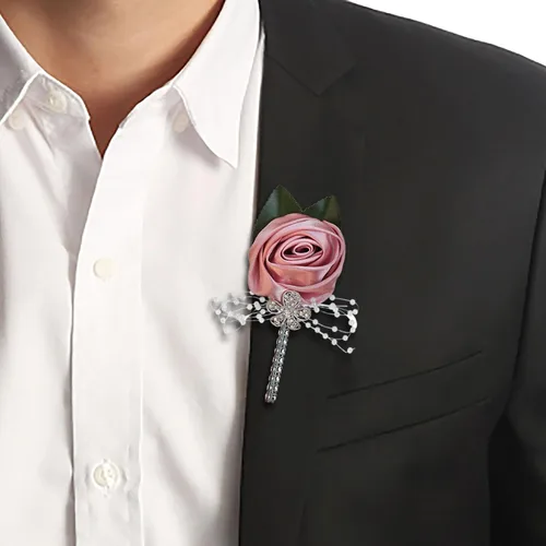 Miniatura 3 de Boutonniere de flores artificiales, paquete de 2 piezas para boda, tela de seda sintética, rosa Boutonniere para iglesia, boda, equipo, novio, Rosa
