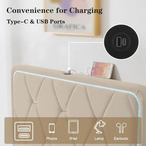 Miniatura 4 de VECELO Base de cama individual tapizada con cabecera ajustable, plataforma de terciopelo con luces LED, estación de carga, base de colchón