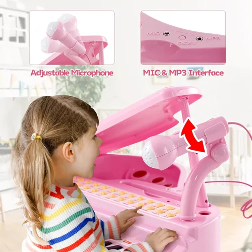 Miniatura 5 de Honey Joy - Piano mini clásico para niños con atril y taburete, piano electrónico portátil, instrumento musical educativo, juguete con micrófono