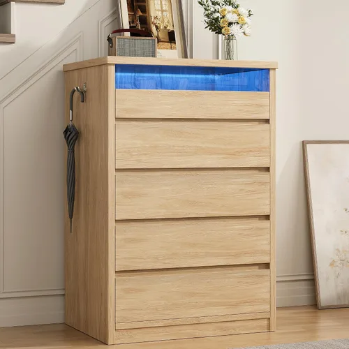 Miniatura 9 de Jocoevol Cómoda de 5 cajones para dormitorio con luz LED, cómoda moderna con asas ocultas, armario alto de madera para sala de estar, entrada