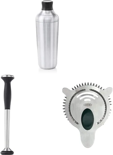 OXO Coctelera y mezclador de acero con cabeza de nailon antiarañazos y agarre antideslizante suave, plateado, 9 pulgadas y colador de cóctel