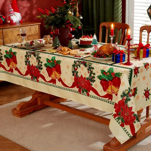 Miniatura 10 de SASTYBALE - Mantel navideño rectangular de 52x70 pulgadas, con diseño vintage de Flor de Pascua y acebo, resistente a las arrugas, para cenas