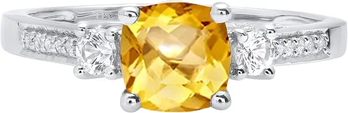 Miniatura 2 de Dazzlingrock Collection 6mm Cushion Citrine & Round White Sapphire with White Diamond 3 Stone Style Engagement Ring in 10K Solid Gold