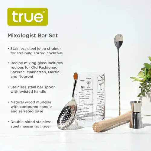Miniatura 2 de True Kit de barman de mezcla de acero inoxidable, incluye vaso de mezcla de recetas, colador julep, mezclador, doble jigger y cuchara para bebidas