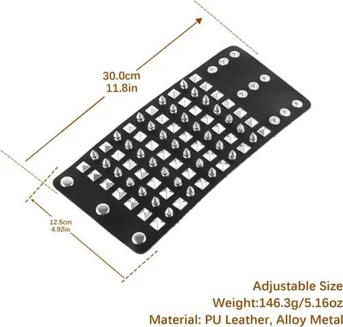 Miniatura 4 de HZMAN Pulsera de cuero con correa ancha unisex con tachuelas de metal negro