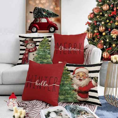Miniatura 2 de Juego de 4 fundas de almohada rojas navideñas de 18 x 18 pulgadas, fundas de almohada cuadradas de lino rústico de Navidad, fundas de almohada