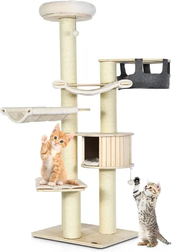 Miniatura 9 de Tangkula Árbol grande para gatos, torre alta de varios niveles para gatos con postes rascadores de sisal, hamacas, cesta colgante, condominio