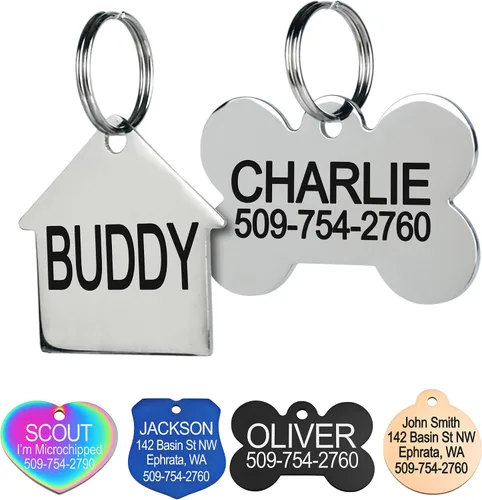 Miniatura 9 de Placa de identificación para mascotas, de acero inoxidable, etiquetas personalizadas para perros y gatos, hasta 8 líneas de texto personalizado