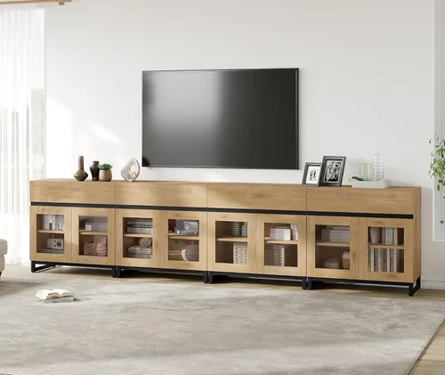 Miniatura 11 de WAMPAT Moderno soporte de TV con puertas de vidrio para televisores de 32 a 40 pulgadas, consola central de entretenimiento con estantes ajustables