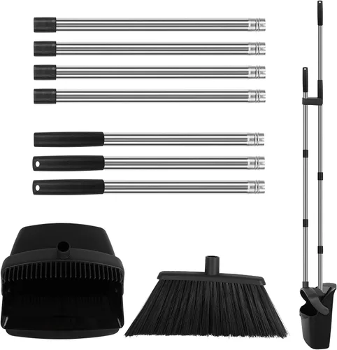 Miniatura 9 de Juego de escoba y recogedor mejorado, mango largo de 55 pulgadas, escoba grande negra con recogedor, recogedor autolimpiante para vestíbulo, cocina