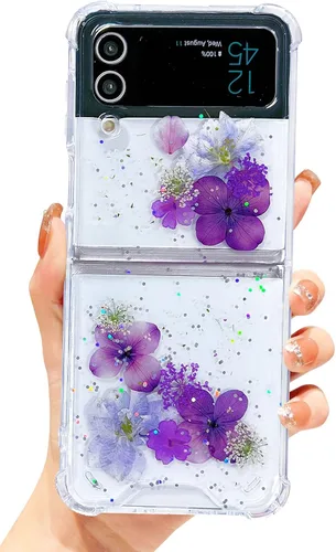 Miniatura 31 de Abbery Funda transparente para Samsung Galaxy Z Flip 3 5G, transparente y con diseño de purpurina bonita con purpurina floral prensada de Rosa
