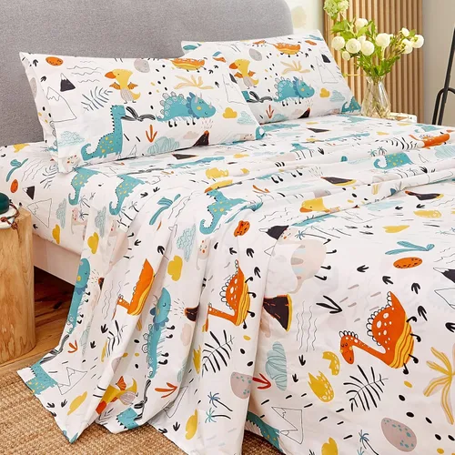 Miniatura 5 de JSD Juego de sábanas de dinosaurio para niños, tamaño individual, 3 piezas, sábanas de microfibra con estampado suave para niños y niñas, bolsillo