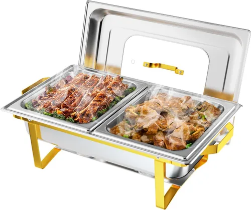Miniatura 13 de ROVSUN Platos dorados para bufé, juego de bufé de 9 cuartos con tapa de vidrio, servidores y calentadores de bufé de acero inoxidable con marco
