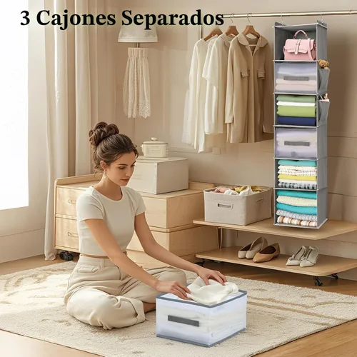 Miniatura 4 de Organizador de armario colgante de 6 niveles con cajones y bolsillos laterales – Almacenamiento versátil de armario para zapatos, sombreros, 6-sheif