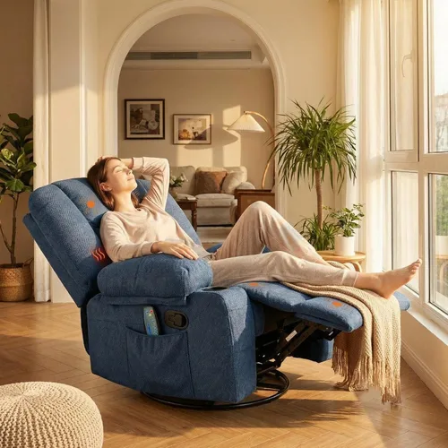 Miniatura 8 de Silla reclinable ancha de gran tamaño, masaje de calor y vibración, silla mecedora giratoria de 360° para adultos, silla reclinable manual de tela
