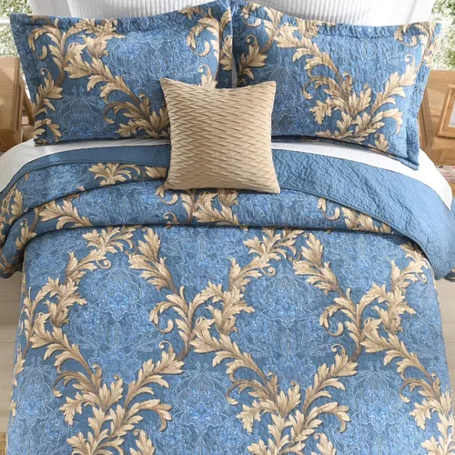 Miniatura 8 de Juego de edredón 100% algodón tamaño Queen de 3 piezas, edredón floral de damasco con 2 fundas, colcha acolchada floral vintage, ropa de cama ligera