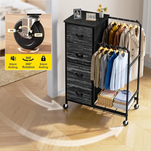 Miniatura 4 de Romorgniz Cómoda 3 en 1 con estante para colgar, 4 cajones de tela con doble perchero y ruedas, organizador alto de armario para dormitorio, Negro