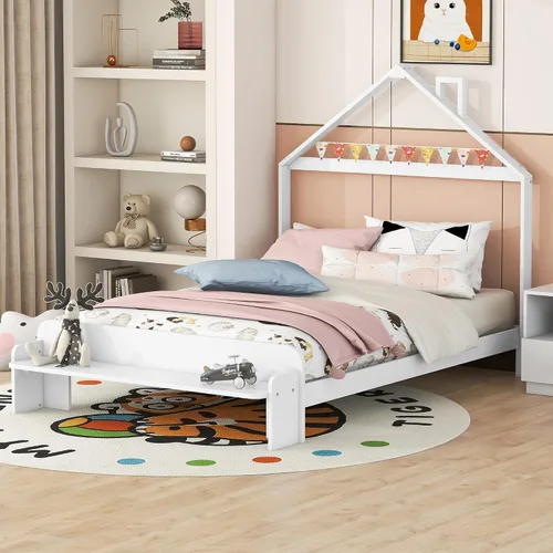Miniatura 19 de Cama de plataforma de madera de tamaño individual con cabecero y cercas en forma de casa, sin tablillas, cama de piso para dormitorio de niños Verde
