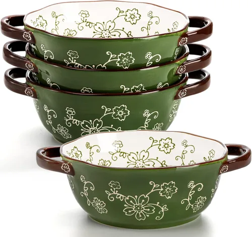 Miniatura 9 de AVLA Paquete de 4 cuencos de sopa de cerámica, 22 onzas de porcelana con doble asa, grandes Crocks de cerámica para sopa de cebolla francesa