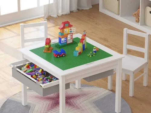 Miniatura 3 de UTEX Juego de mesa de actividades de construcción 2 en 1 de madera para niños y 2 sillas con cajones de almacenamiento, y placa integrada compatible