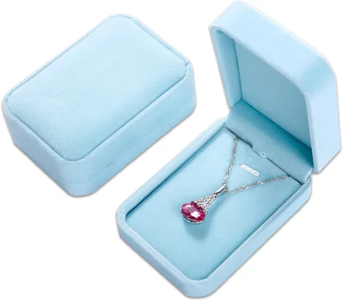 TheDisplayGuys - Collar y caja colgante de terciopelo de felpa con tapa con bisagras (azul bebé) - para regalo, organización, exhibición, envío