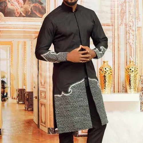 Miniatura 2 de Conjunto de 2 piezas de traje tradicional de manga larga para hombre africano y pantalón
