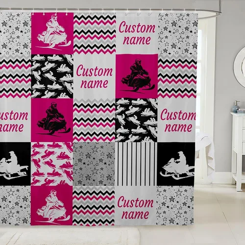 Miniatura 9 de Erosebridal Cortina de ducha personalizada con diseño de motos de nieve, diseño de retazos a cuadros, para niños y hombres, cortina de baño