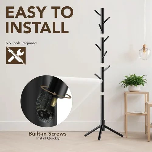 Miniatura 4 de Hupmad Perchero de árbol de madera, perchero resistente independiente con 8 ganchos, 3 alturas ajustables para niños y adultos, perchero de madera
