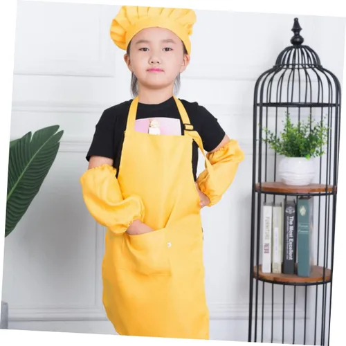 Miniatura 4 de Luxshiny 2Set Painting Polyester Smock and Chef Hat Ages Apron Yellow for Drawing Painting and Creative Fun