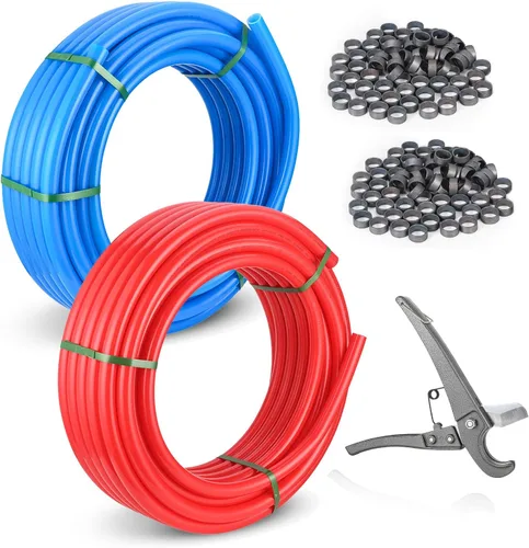 Miniatura 7 de Tubo PEX-B Niikappu azul y rojo de 1/2 pulgada, tubo Pex B de 2 x 75 pies (150 pies) con un cortador de tubos, 30 anillos (AB-2-75-KIT)