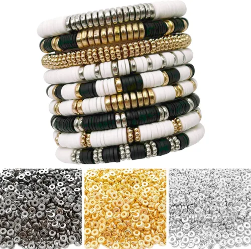 Miniatura 4 de Cuentas espaciadoras planas redondas de 6mm, 1560 piezas (360 flores), Oro, Plata, Negro, en forma de flor, Plástico (recubierto de cobre)