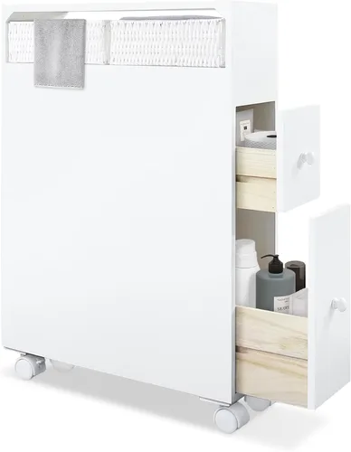 MASAKA B&W Armario de almacenamiento de baño móvil con 2 cajones y estante, almacenamiento de papel higiénico, estantes de esquina, juegos de