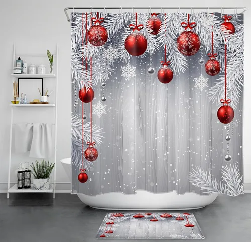 Miniatura 16 de LB Pink Christmas Shower Curtain Sets with Rugs Snowflake and Fir Twigs with Xmas Ball on Rustic Grey Wood Fabric Shower Curtain with Hooks Winter