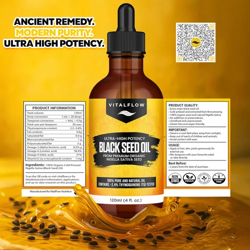 Miniatura 2 de VITALFLOW Aceite de semilla negra orgánica de 4.1 fl oz 100% puro y natural prensado en frío Contenido de timoquinona ultra alto Para