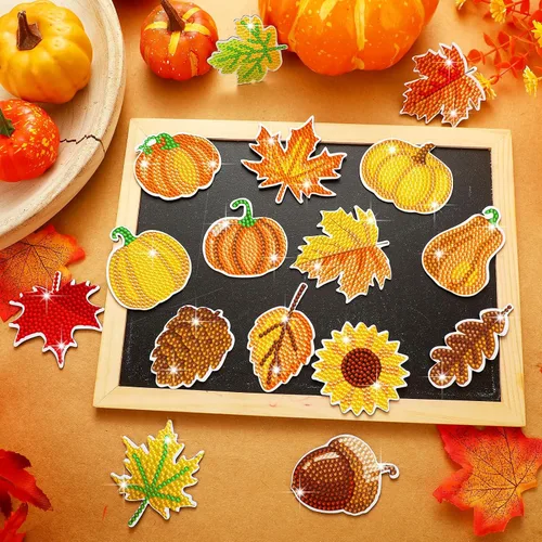 Miniatura 2 de Umigy 16 Piezas Imanes de Arte de Diamantes de Otoño Acción de Gracias para Refrigerador Calabaza Girasol Hojas Pintura de Diamante Imán Otoño
