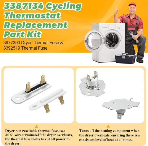 Miniatura 3 de 3392519 & 3977393 Dryer Thermal Fuse 3387134 Cycling Thermostat 3977767 High Limit Thermostat Replacement Kit - WP3392519 WP3387134 WP3977767