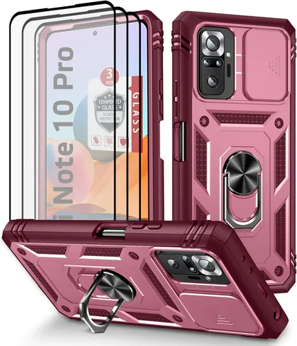 Miniatura 12 de Funda para Xiaomi Redmi Note 10 Pro, Redmi Note 10 Pro MAX con 3 protectores de pantalla de vidrio templado con soporte de anillo integrado + Negro