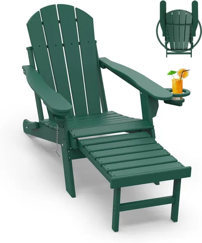 Miniatura 23 de GREENVINES Sillas Adirondack con Otomano Juego de 2 Grano de Madera Plegable Reposapiés Retráctil Plástico HDPE Silla para Hoguera Todo