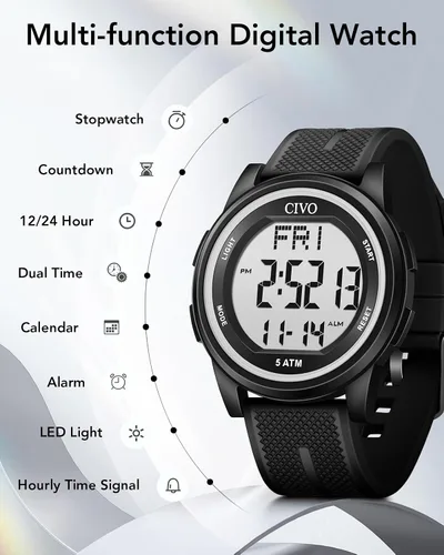 Miniatura 4 de CIVO Digital Watches for Men Women Sports Waterproof Wristwatch with Stopwatch Alarm Date - LED Backlight Big Numbers Silicone Watch for Outdoor