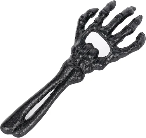 Sungmor Abrebotellas de mano de esqueleto de hierro fundido, accesorio de barra gótico vintage resistente, soporte de pared, mano de calavera negra