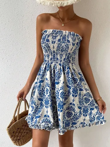 Miniatura 6 de Floerns Vestido acampanado estilo bohemio sin tirantes para mujer
