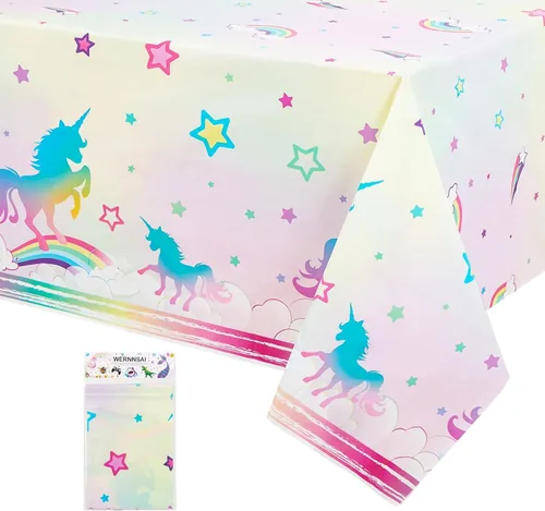 Miniatura 14 de WERNNSAI 2 manteles de unicornio – Decoración de cumpleaños de unicornio, mantel de arco iris, decoración de mesa de arco iris para niños y niñas