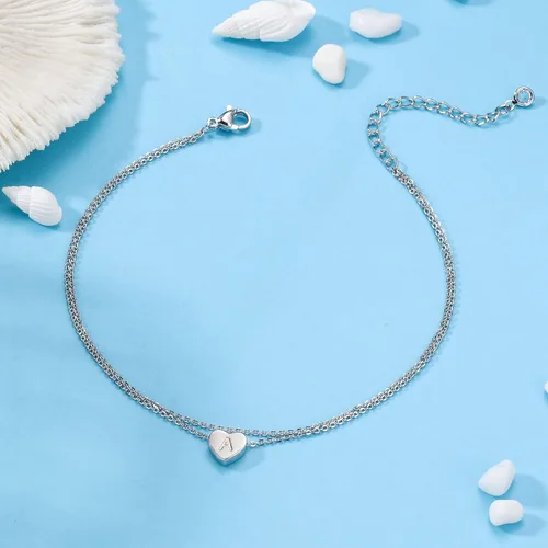 Miniatura 7 de Tobillera con inicial de corazón de plata para mujer, chapada en oro blanco de 14 quilates, hecha a mano, delicada tobillera en capas con letra
