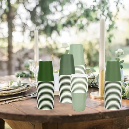 Miniatura 6 de AnyDesign 100 tazas de papel verde salvia de 9 onzas desechables de primavera taza de café de color degradado para bebidas frías y calientes, boda