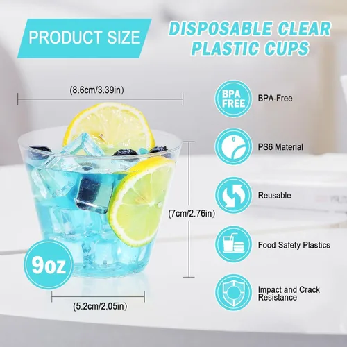 Miniatura 4 de BYSNOW Paquete de 50 vasos de plástico transparente de 9 onzas, vasos desechables de plástico duro para fiestas, copas de vino, vasos desechables
