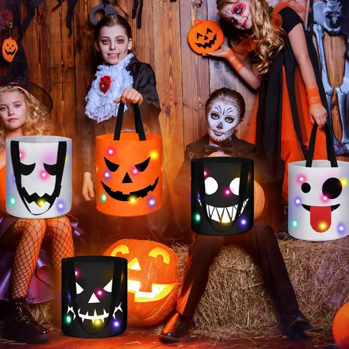 Miniatura 5 de Teling 6 bolsas de dulces de calabaza con luces LED para Halloween con luces LED, bolsas de regalo reutilizables para suministros de fiesta