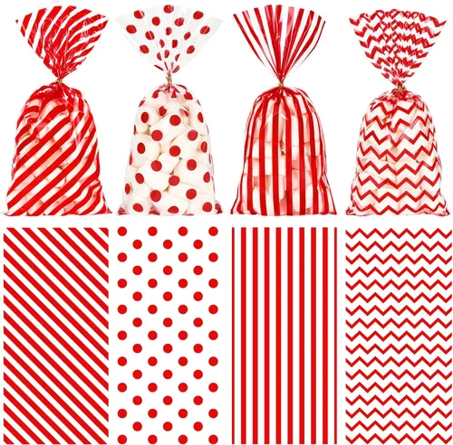 Miniatura 10 de Whaline 160 bolsas de celofán plateado con lazos torcidos, diseño de rayas onduladas, bolsas de plástico para golosinas, bolsa de dulces