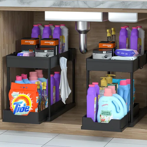 MEAFBIRD Paquete de 2 organizadores para debajo del fregadero, organizador de gabinete de baño de 2 niveles con cesta deslizante, organizadores